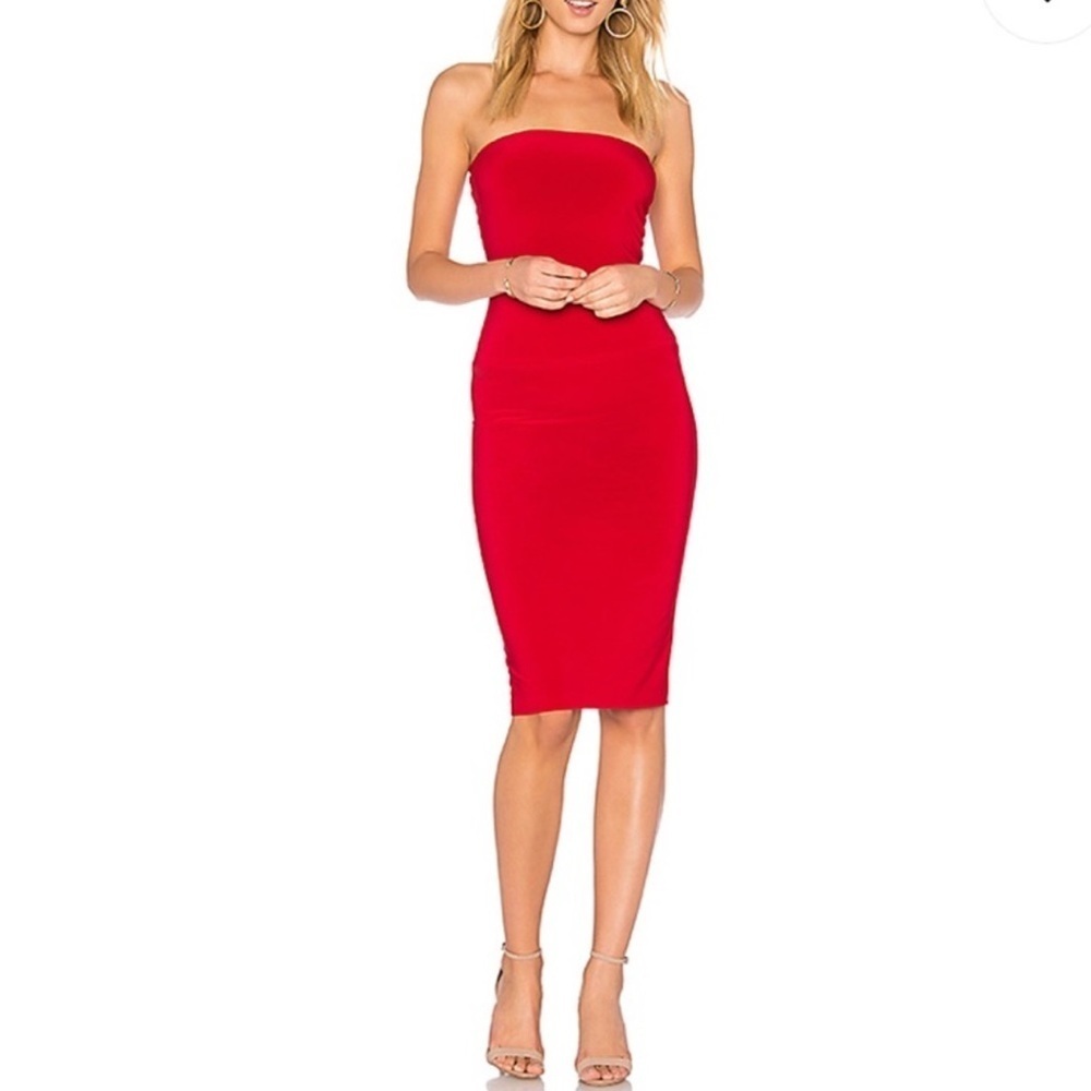 Norma Kamali Strapless Red Midi Bodycon Dress